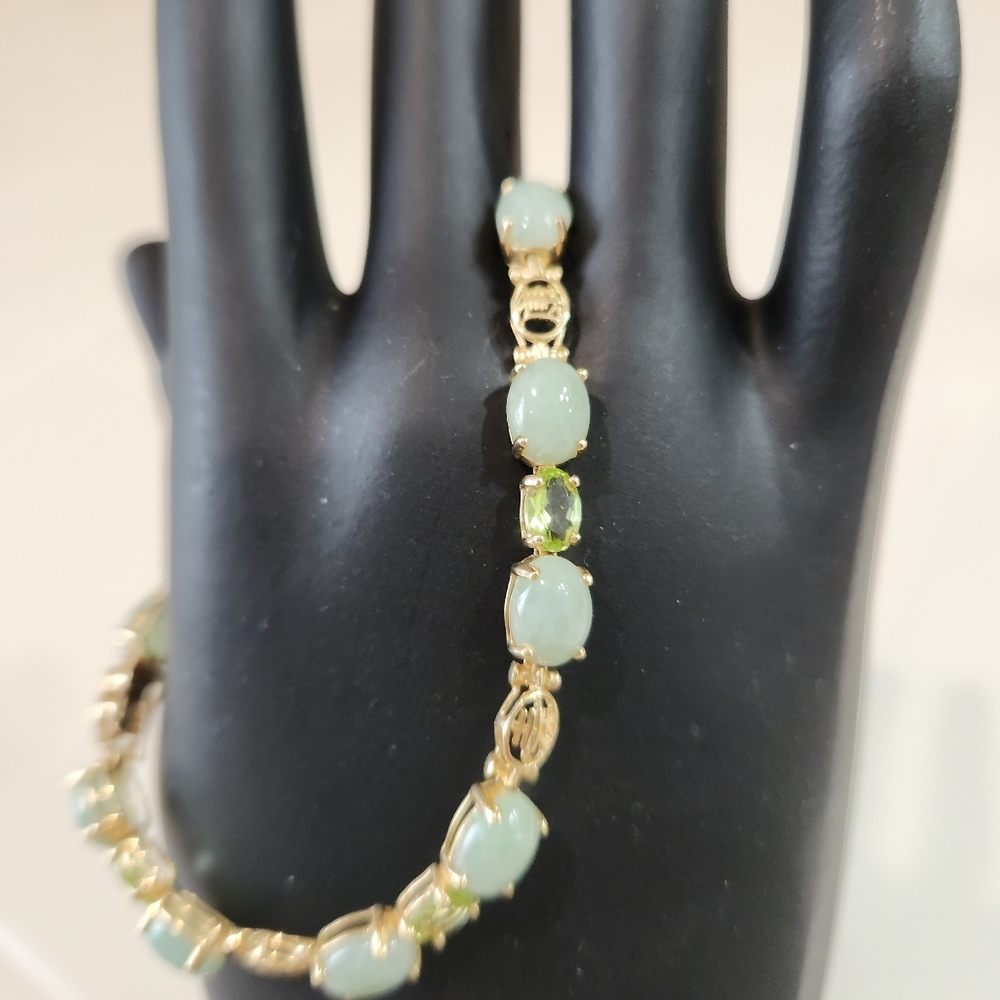 Vintage 14k Yellow Gold Jade & Peridot Chinese Character Tennis Bracelet 7.5 - Picture 4 of 9